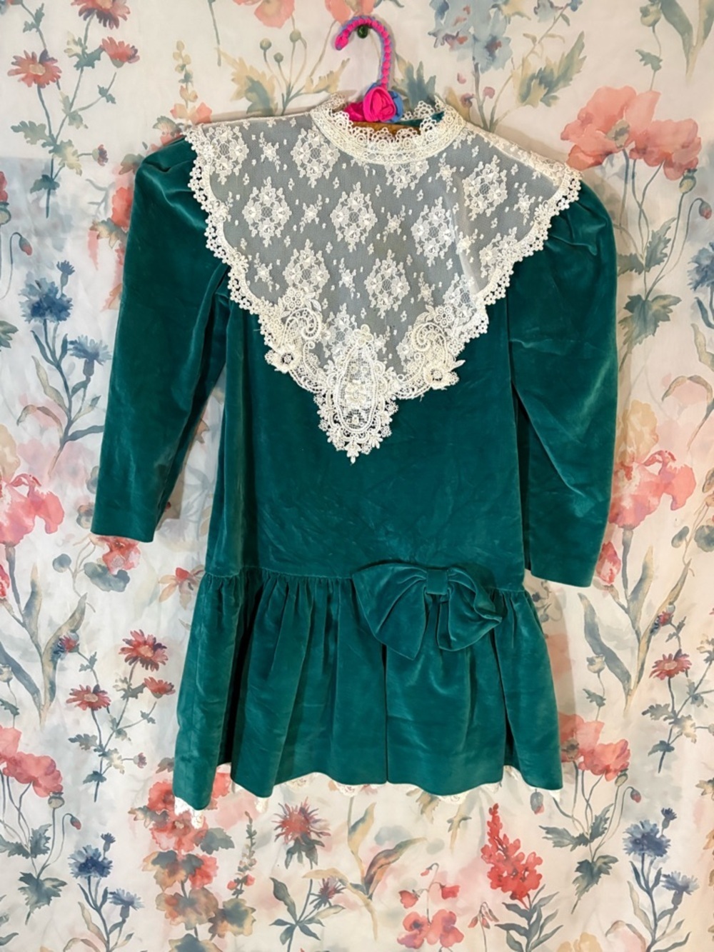Vintage Emerald Green Velvet Dress with Lace Bib